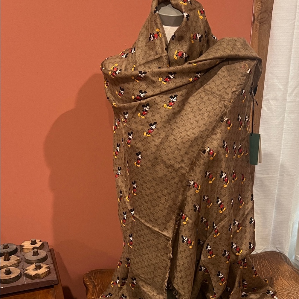 Gucci Brown Mickey Mouse Monogram Silk Shawl Scarf